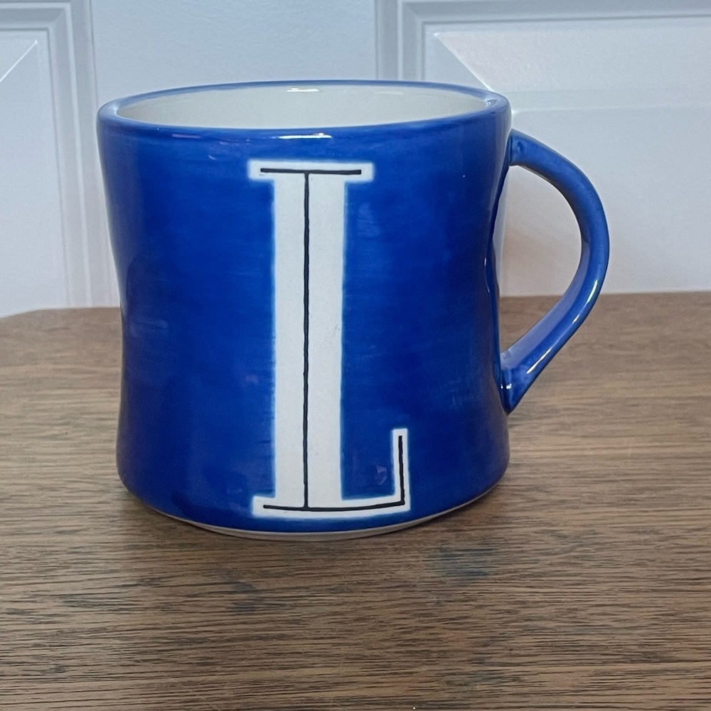 Anthropologie Blue Ceramic Coffee Mug 'L' Monogram Initial Hand Painted